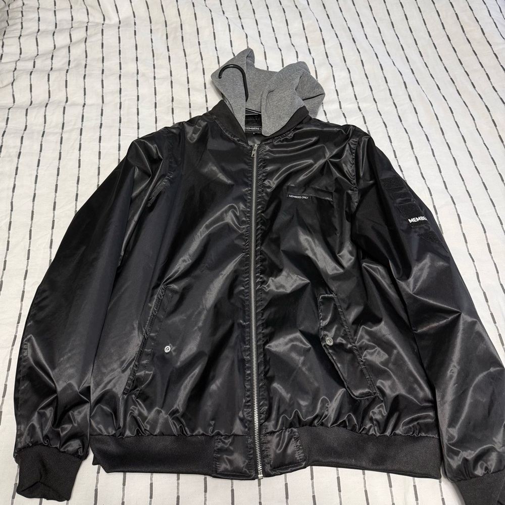 Members Only Black Bomber Jacket with Gray Hood